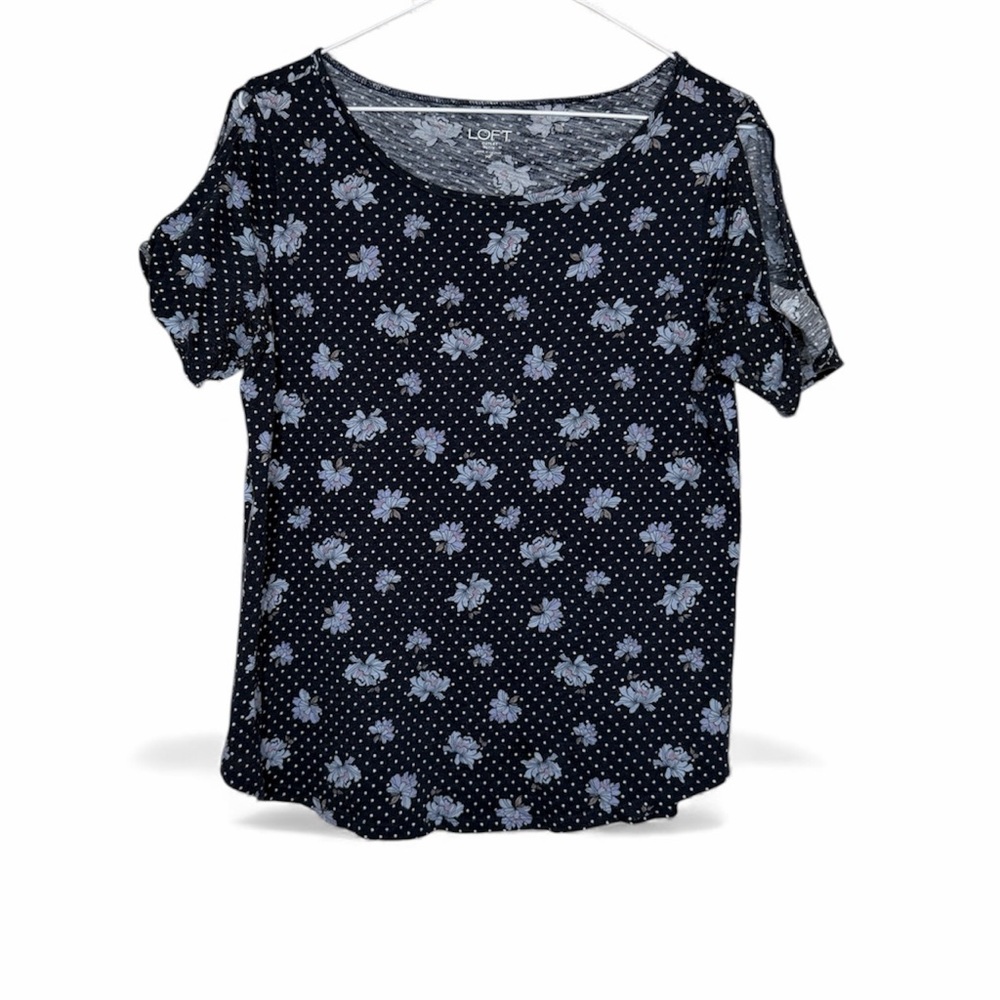 LOFT Navy Floral Short Sleeve Top Medium Petite